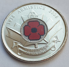 Moneda 25 cents 2008 Canada, Armistice Day, unc, color, km#775 foto
