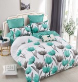 Cumpara ieftin Lenjerie pat dublu,bumbac finet,6 piese cu elastic,alba cu flori-A315