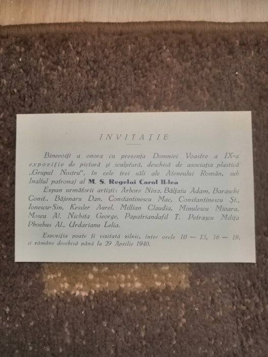 Invitatie la expozitia de pictura si sculptura &quot;Grupul Nostru&quot; 29 aprilie 1940