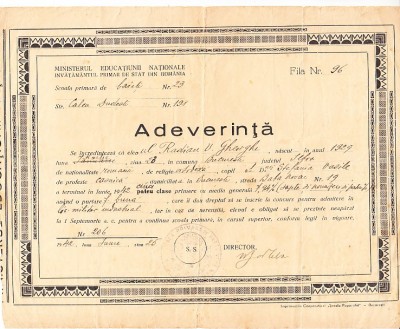 QW13 13 - 1942 - adeverinta inscriere liceul militar - absolvire cinci clase foto