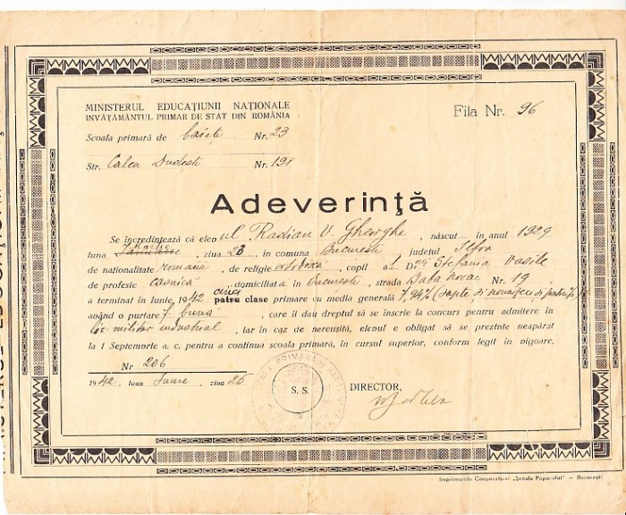 QW13 13 - 1942 - adeverinta inscriere liceul militar - absolvire cinci clase