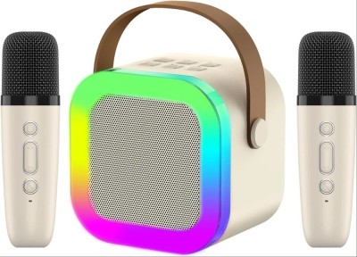 Set Boxă Karaoke Portabilă cu 2 Microfoane Wireless,Karaoke,Portabil, Sunet Stereo 3D, Lumini RGB, 3- 12 ani / Adulti , Bej foto