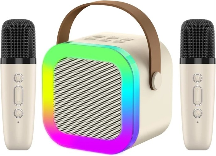 Set Boxă Karaoke Portabilă cu 2 Microfoane Wireless,Karaoke,Portabil, Sunet Stereo 3D, Lumini RGB, 3- 12 ani / Adulti , Bej