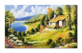 Cumpara ieftin Tablou peisaj de vara priveliste catre lac pictat manual, Colt de rai, 100x60cm ulei pe panza Constantin Feraru