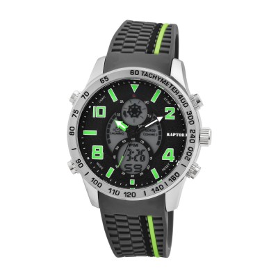 Ceas barbatesc, Raptor, analog/digital, argintiu/negru/verde, curea silicon, functii multiple, diametru 48 mm foto