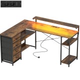 HOMCOM Birou de gaming &icirc;n formă de L cu priză integrată, iluminare LED, 4 sertare, suport monitor 155x110x91,4 cm Maro | Aosom Romania