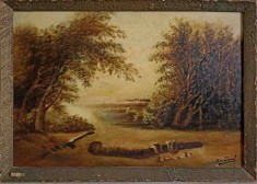 TABLOU VECHI IN ULEI PEISAJ CU O PADURICE, SEMNATURA INDESCIFRABILA-315244