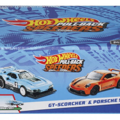 HOT WHEELS SET 2 MASINUTE METALICE PULL BACK GT-SCORCHER SI PORSCHE 911 GT3 1:43