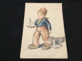 colectie / arta / design - Creion colorat portret de baiat cu jucarii / mijlocul sec XX !