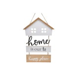 Decorațiune din lemn suspendată, casă metalică, mesajul &bdquo;Acasă este locul nostru fericit&rdquo;