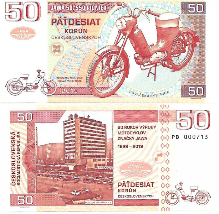 X.X.RARR : CEHOSLOVACIA = FANTASY NOTE = 50 KORUN 2019 , MOTORETA JAWA 50 - UNC