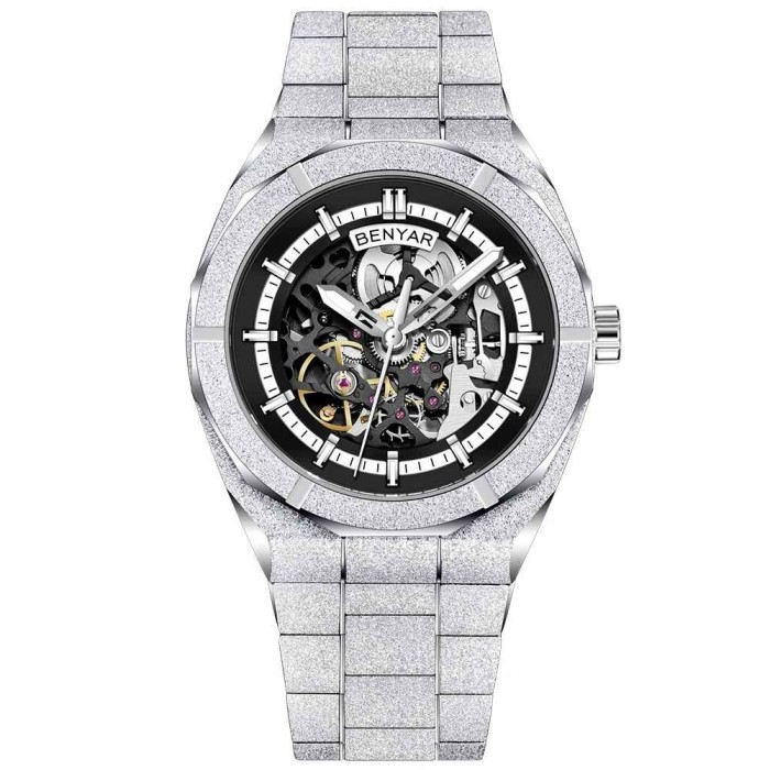 Ceas barbatesc BENYAR BY-5212M, mecanic automat, skeleton, otel inoxidabil, geam mineral intarit, rezistent la apa