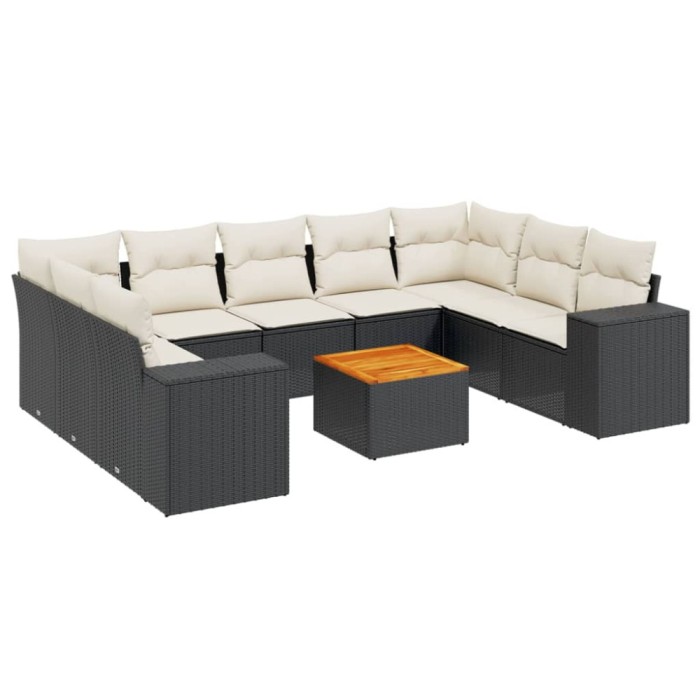 Set canapele de gradina cu perne, 10 piese, negru, poliratan