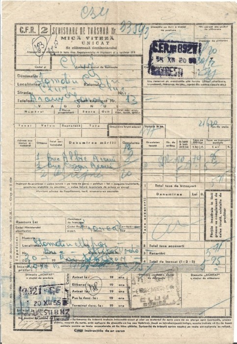A3649N Scrisoare de trăsură de mică viteză, București-Cluj, 1955