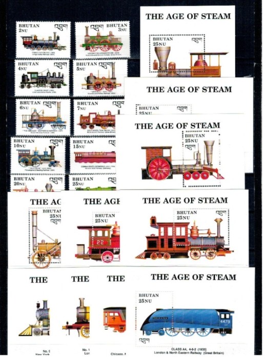 Bhutan 1990 - Locomotive, trenuri, cai ferate, serie incompleta si 10 colite neuzate