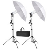 Cumpara ieftin Kit studio foto video cu trepied reglabil 200 cm, umbrela difuzie 87 cm si bec fluorescent E27 45W 5500K, cu geanta transport pentru streaming si soci