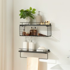 Set 2 rafturi de perete pentru baie Vik, negre, cu suport prosop