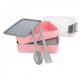 Caserolă Alimente, Set, Capacitate 0.9L, Roz/Gri, Furculiță și Lingură Incluse, Plastic BPA Free, Oem