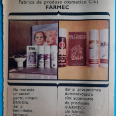 1974 Reclamă Fabrica de cosmetice CLUJ, FARMEC, comunism, epoca aur, 24 x 20 cm