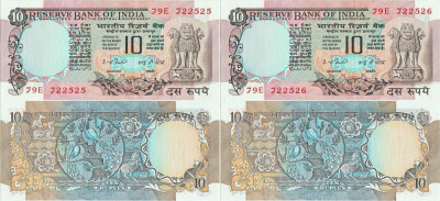 2 x 1977 , 10 rupees ( P-81d ) - India - stare aUNC Stare consecutiva ! foto