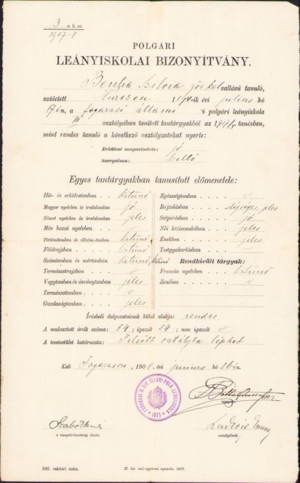 A1906 Certificat școlar, 1908, Făgăraș, elevă rom&acirc;ncă ortodoxă