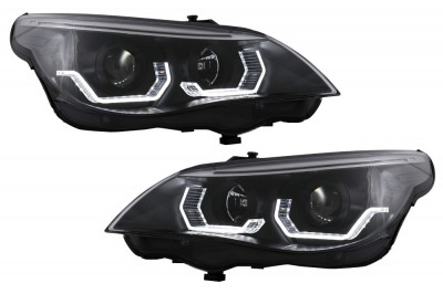 Faruri 3D LED Angel Eyes compatibil cu BMW Seria 5 E60 E61 (2003-2007) LCI Design Negru foto