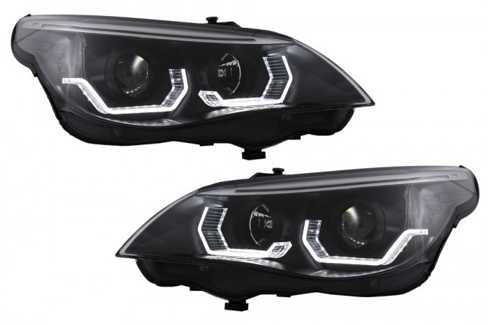 Faruri 3D LED Angel Eyes compatibil cu BMW Seria 5 E60 E61 (2003-2007) LCI Design Negru