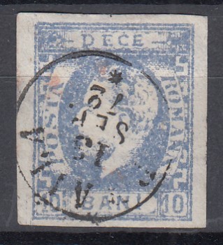 ROMANIA 1872 LP 31c REGELE CAROL I CU BARBA 10 BANI ULTRAMARIN IMPRESIUNE DEFECTUOASA STAMPILAT BRAILA foto
