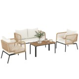 Outsunny Set mobilier de grădină, grup de șezut pentru 4 persoane, lounge cu sofă 2 locuri, 2 fotolii, masă cu lamele, &icirc;mpletitură tip sfoară, perne l