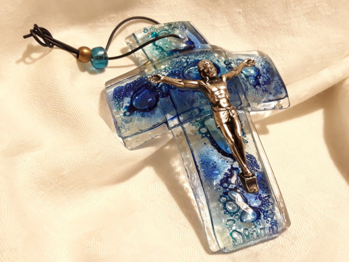 CRUCIFIX splendid STICLA de MURANO masiv EXCEPTIONAL de efect OPULENT impecabil