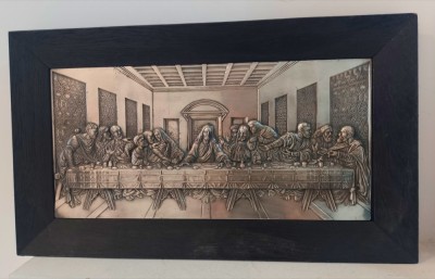 Superb basorelief,tablou Cina Cea De Taina din cupru argintat ,rama din lemn foto