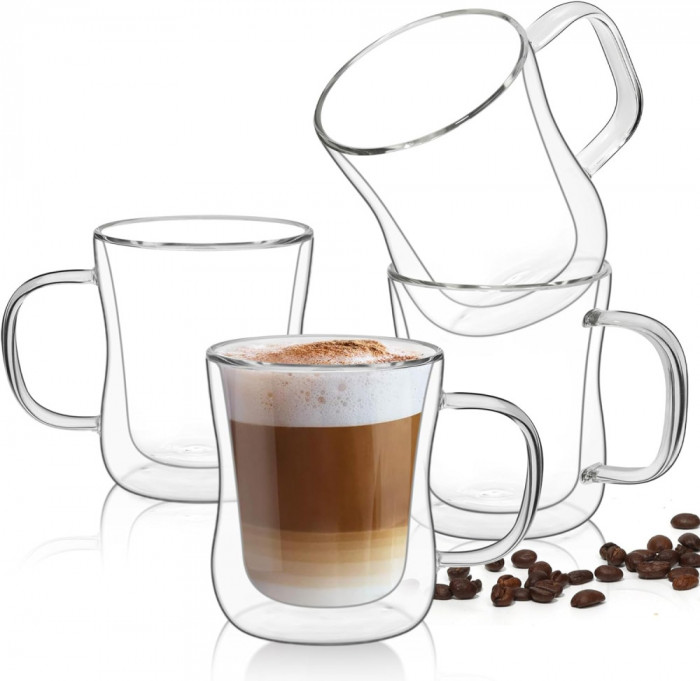 Saf Căni de cafea din sticlă dublu perete (450ml), izolat termic Borosilicat Gl