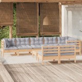 Cumpara ieftin Set mobilier de grădină cu perne gri, 9 piese, lemn masiv pin