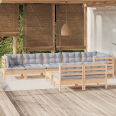 vidaXL Set mobilier de grădină cu perne gri, 9 piese, lemn masiv pin 3096459