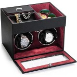 Cumpara ieftin Cutie intors ceasuri iUni, Watch Winder 2 + 3 Compartimente accesorii, Piele ecologica, Negru-Rosu