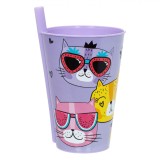 Pahar Plastic, Pisici, Pai Incorporat, Lila, Capacitate 0,4L