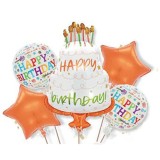 Baloane pentru aniversare, flippy, tematica happy birthday, set 5 baloane, 1 tort 70 x 101 cm, 2 stele, 2 rotunde, din folie de aluminiu, pai de carto