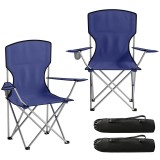 Outsunny Set de 2 scaune de camping pliabile cu suport pentru pahar, husă de transport, spătar &icirc;nalt, 88x57x97cm, Albastru &icirc;nchis | Aosom Romania