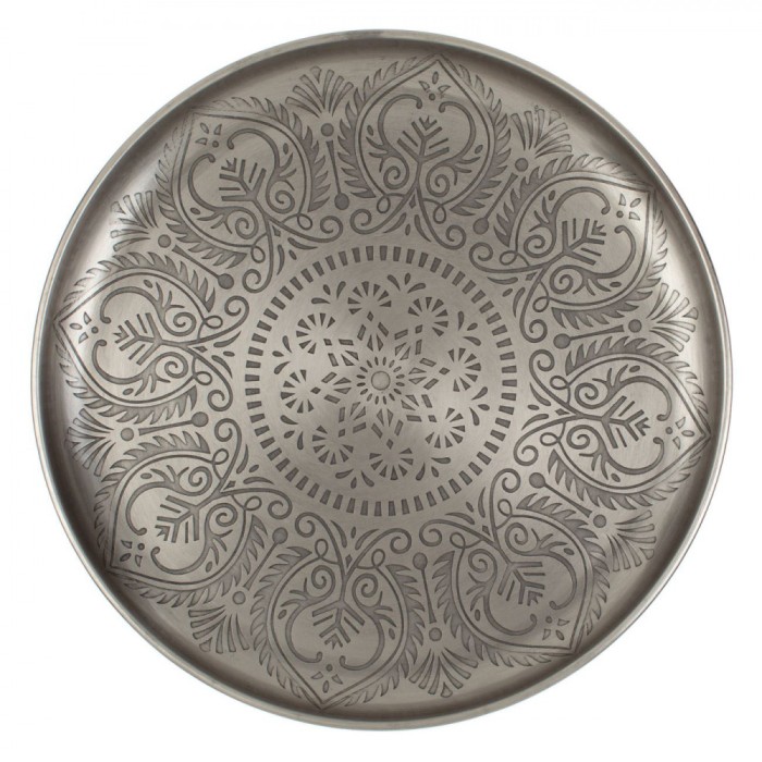 Platou Decorativ, Metalic, Model Marocan, Culoare Argintie, Diametru 30cm, &Icirc;nălțime 3cm