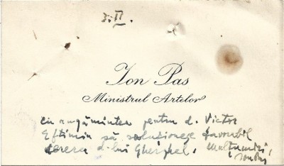 A3233N Carte de vizită Ion Pas (Calman Schritter), ministrul Artelor, 1947, cu notă și semnătură olografă a sa, adresată lui Victor Eftimiu foto