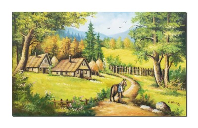 Tablou pictat manual, Pe meleaguri mioritice la bunici, 100x60cm ulei pe panza, Constantin Feraru foto