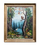 Tablou scena din natura cu veverita si starc pictat manual, Armonie, 60x50cm ulei pe panza rama din lemn, Stefan Bilibou