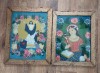 Lot 2 icoane vechi pe glaja (pictura pe sticla), Invierea Domnului, Maica Domnului, pictura naiva, rama lemn aurita