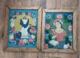Lot 2 icoane vechi pe glaja (pictura pe sticla), Invierea Domnului, Maica Domnului, pictura naiva, rama lemn aurita