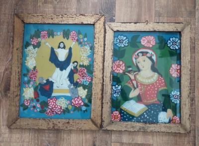 Lot 2 icoane vechi pe glaja (pictura pe sticla), Invierea Domnului, Maica Domnului, pictura naiva, rama lemn aurita foto