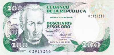 Bancnota Columbia 200 Pesos Oro 1991 - P429d UNC foto