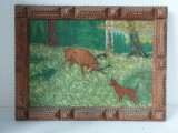 Tablou pictat in ulei pe placaj, scena de vanatoare, semnat J. Werner 1963, stil rustic naiv, Animale, Altul