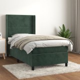 vidaXL Pat box spring cu saltea, verde &icirc;nchis, 90x200 cm, catifea