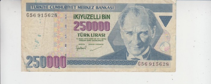 B11 3 - Bancnota foarte veche - Turcia - 250 000 lire