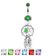 Piercing pentru buric din oțel - prinzător de vise, două pene, zirconii, strasuri - Culoare zirconiu piercing: Verde - G